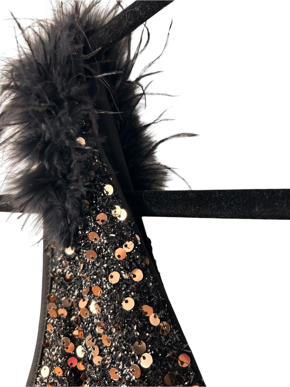 Sequin Feather-Trim Black V-Neck Cocktail Dress, XL Bodycon, Formal Event - Picture 6 of 9